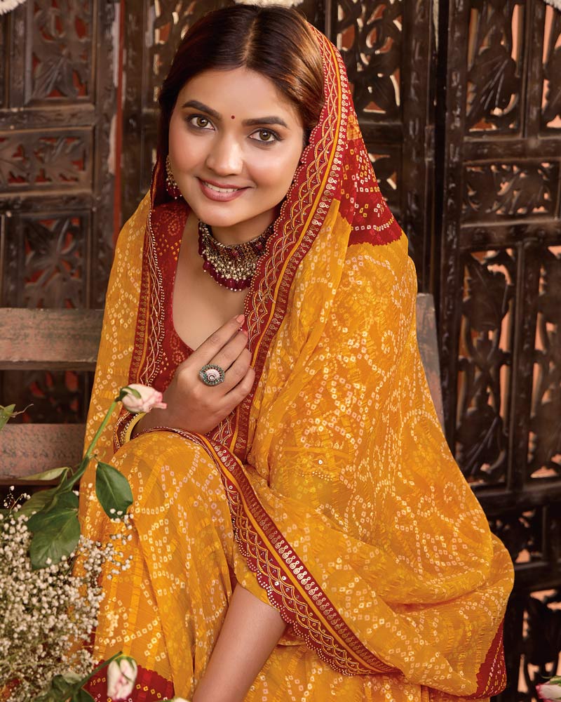 Vishal Prints Yellowish Orange Bandhani Print Patterned Fancy Chiffon Saree With Printed Cut Work Border