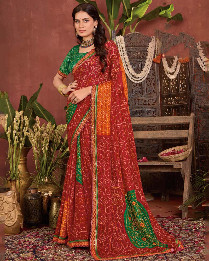 Vishal Prints Red Bandhani Print Patterned Fancy Chiffon Saree With Printed Cut Work Border