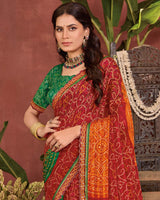 Vishal Prints Red Bandhani Print Patterned Fancy Chiffon Saree With Printed Cut Work Border