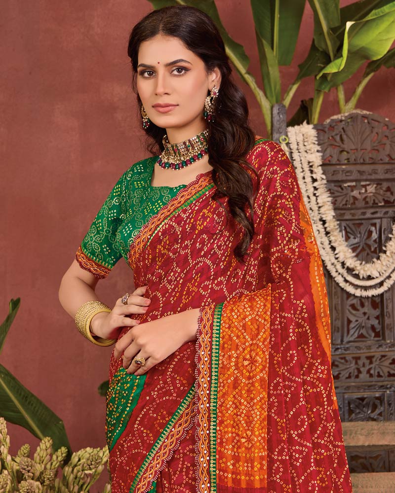 Vishal Prints Red Bandhani Print Patterned Fancy Chiffon Saree With Printed Cut Work Border