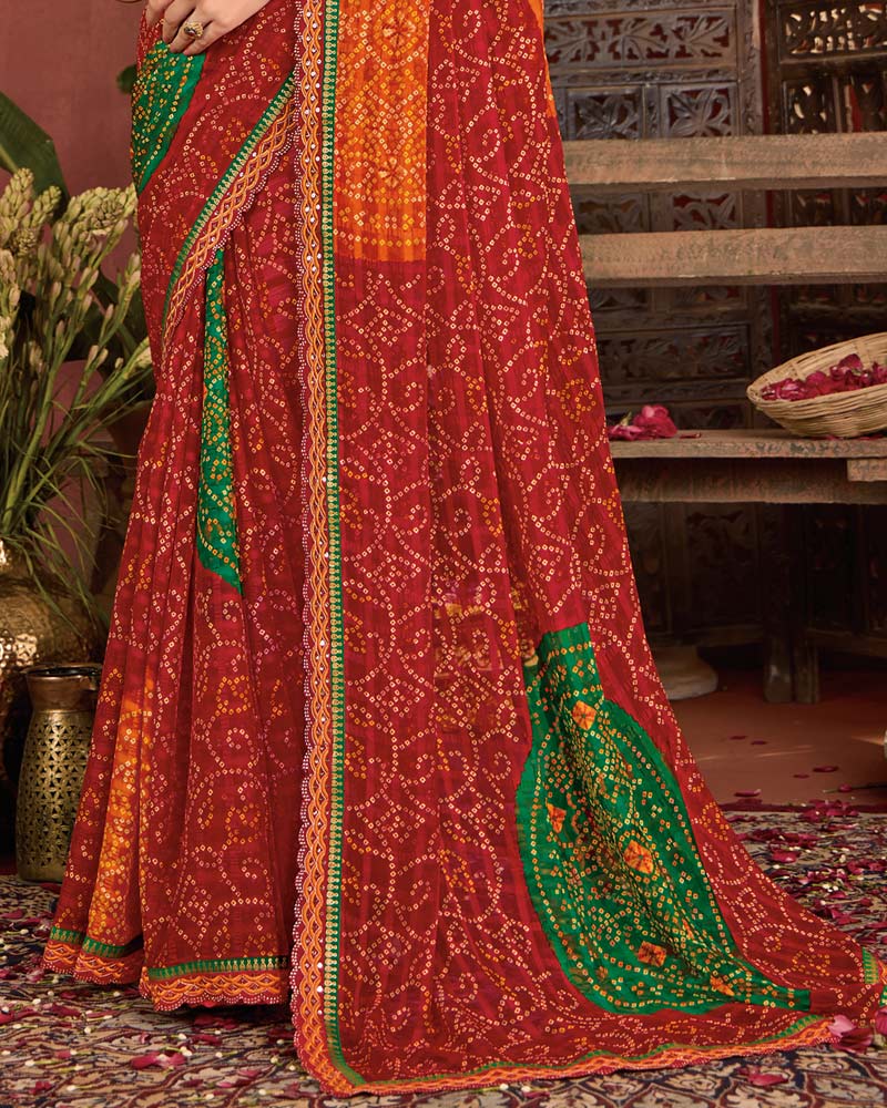 Vishal Prints Red Bandhani Print Patterned Fancy Chiffon Saree With Printed Cut Work Border