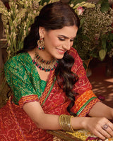 Vishal Prints Red Bandhani Print Patterned Fancy Chiffon Saree With Printed Cut Work Border