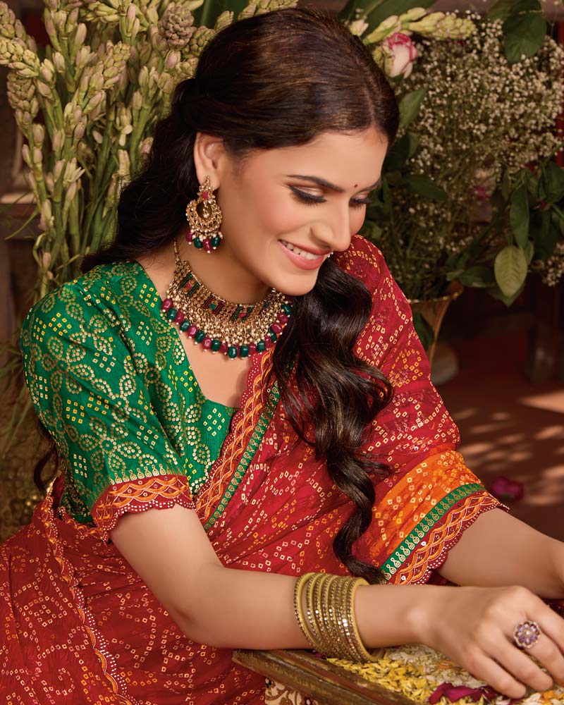 Vishal Prints Red Bandhani Print Patterned Fancy Chiffon Saree With Printed Cut Work Border