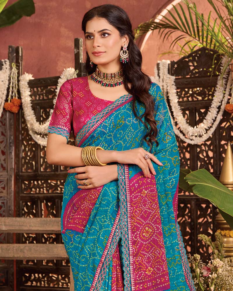 Vishal Prints Pacific Blue Bandhani Print Patterned Fancy Chiffon Saree With Printed Cut Work Border