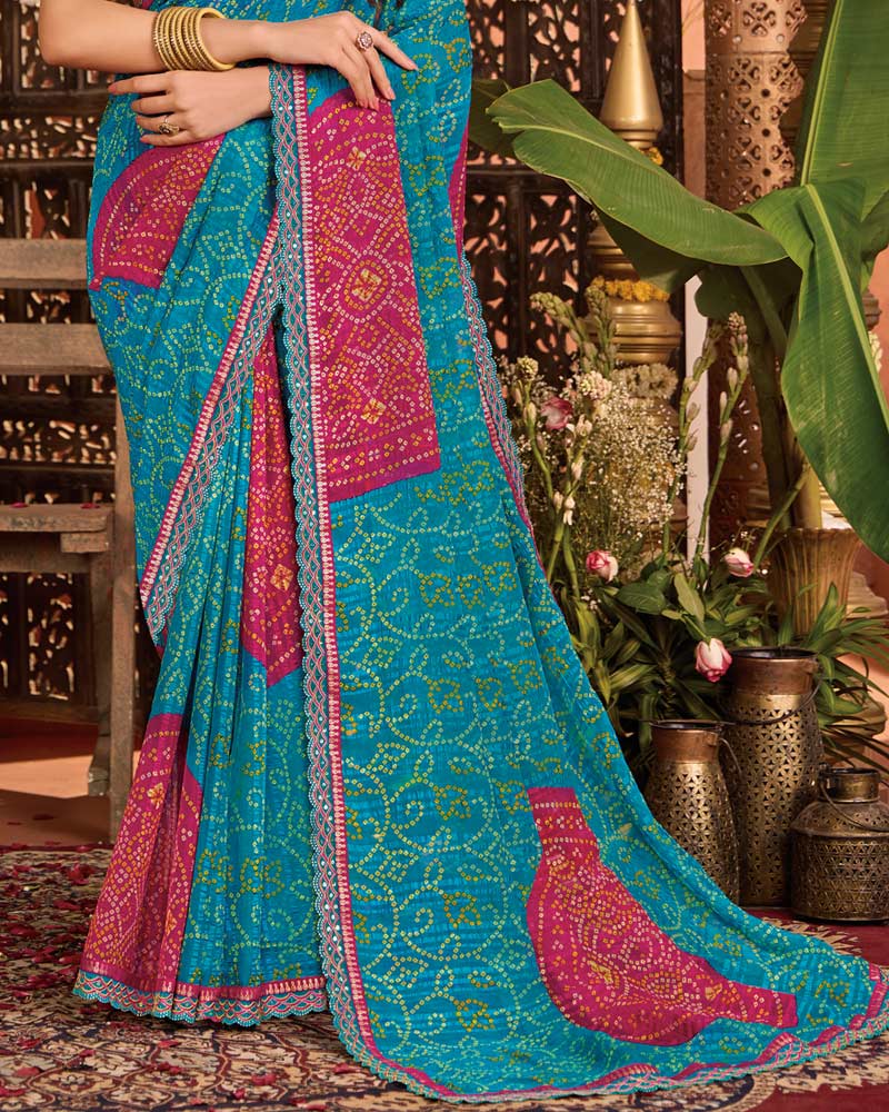 Vishal Prints Pacific Blue Bandhani Print Patterned Fancy Chiffon Saree With Printed Cut Work Border