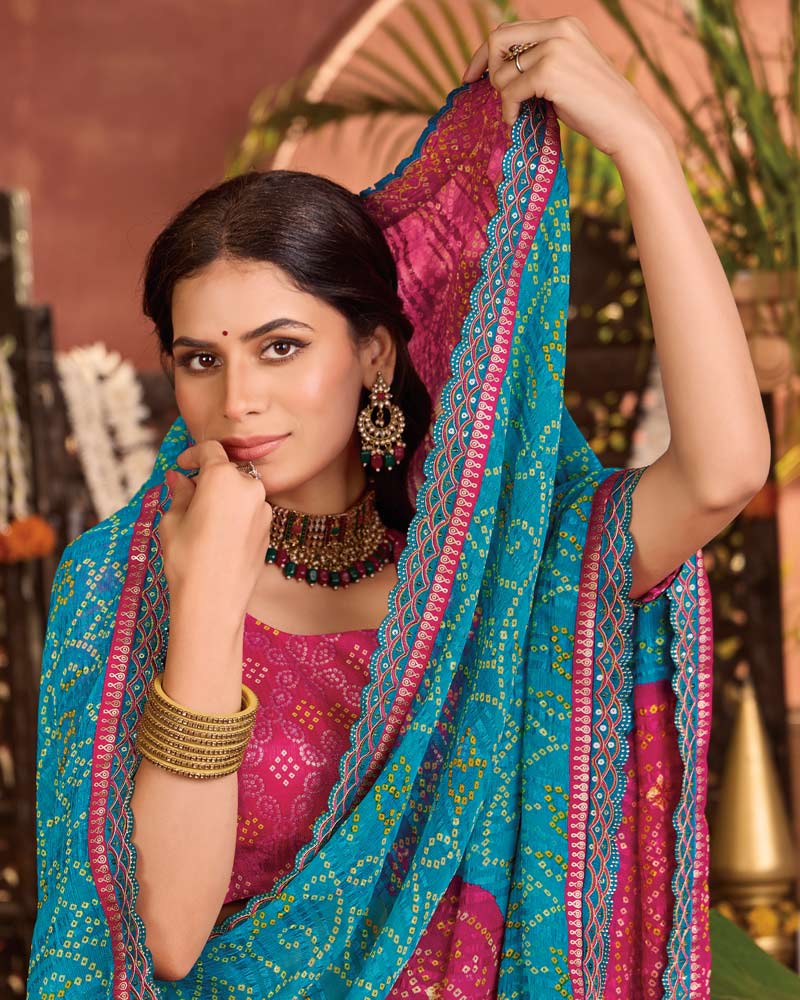 Vishal Prints Pacific Blue Bandhani Print Patterned Fancy Chiffon Saree With Printed Cut Work Border