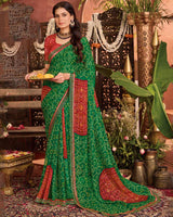 Vishal Prints Dark Green Bandhani Print Patterned Fancy Chiffon Saree With Printed Cut Work Border