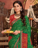 Vishal Prints Dark Green Bandhani Print Patterned Fancy Chiffon Saree With Printed Cut Work Border