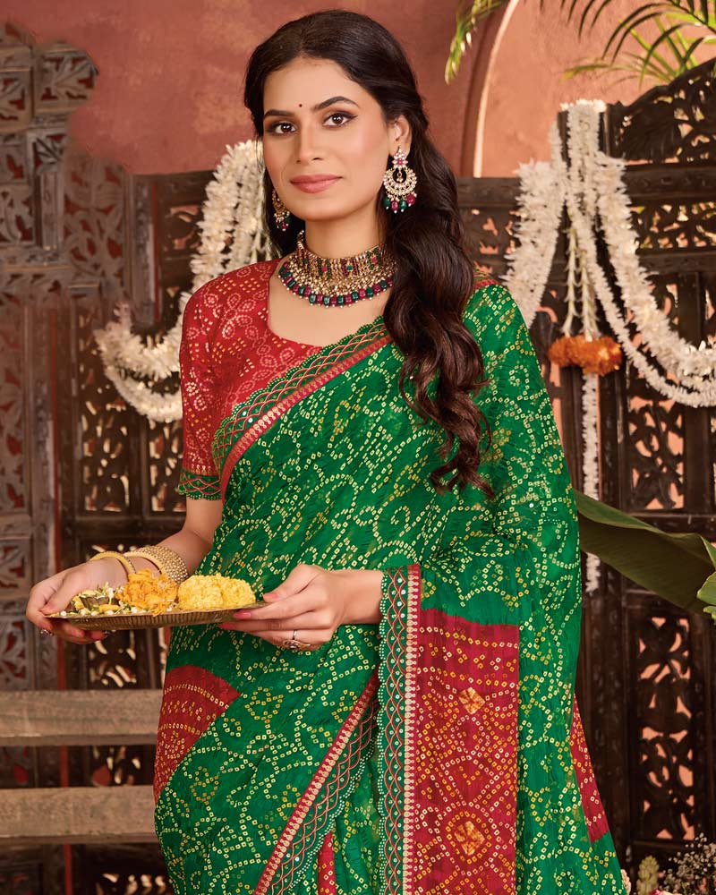 Vishal Prints Dark Green Bandhani Print Patterned Fancy Chiffon Saree With Printed Cut Work Border