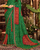 Vishal Prints Dark Green Bandhani Print Patterned Fancy Chiffon Saree With Printed Cut Work Border