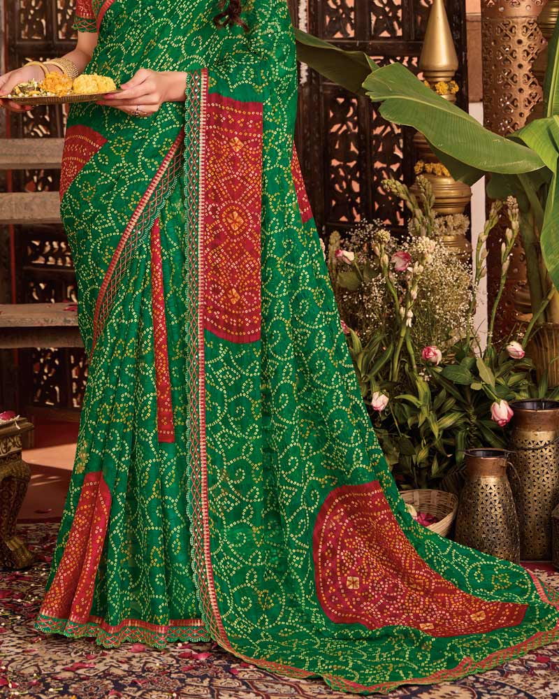 Vishal Prints Dark Green Bandhani Print Patterned Fancy Chiffon Saree With Printed Cut Work Border