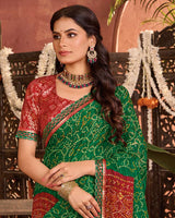 Vishal Prints Dark Green Bandhani Print Patterned Fancy Chiffon Saree With Printed Cut Work Border