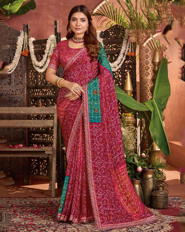 Vishal Prints Rani Pink Bandhani Print Patterned Fancy Chiffon Saree With Printed Cut Work Border