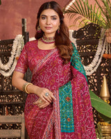 Vishal Prints Rani Pink Bandhani Print Patterned Fancy Chiffon Saree With Printed Cut Work Border