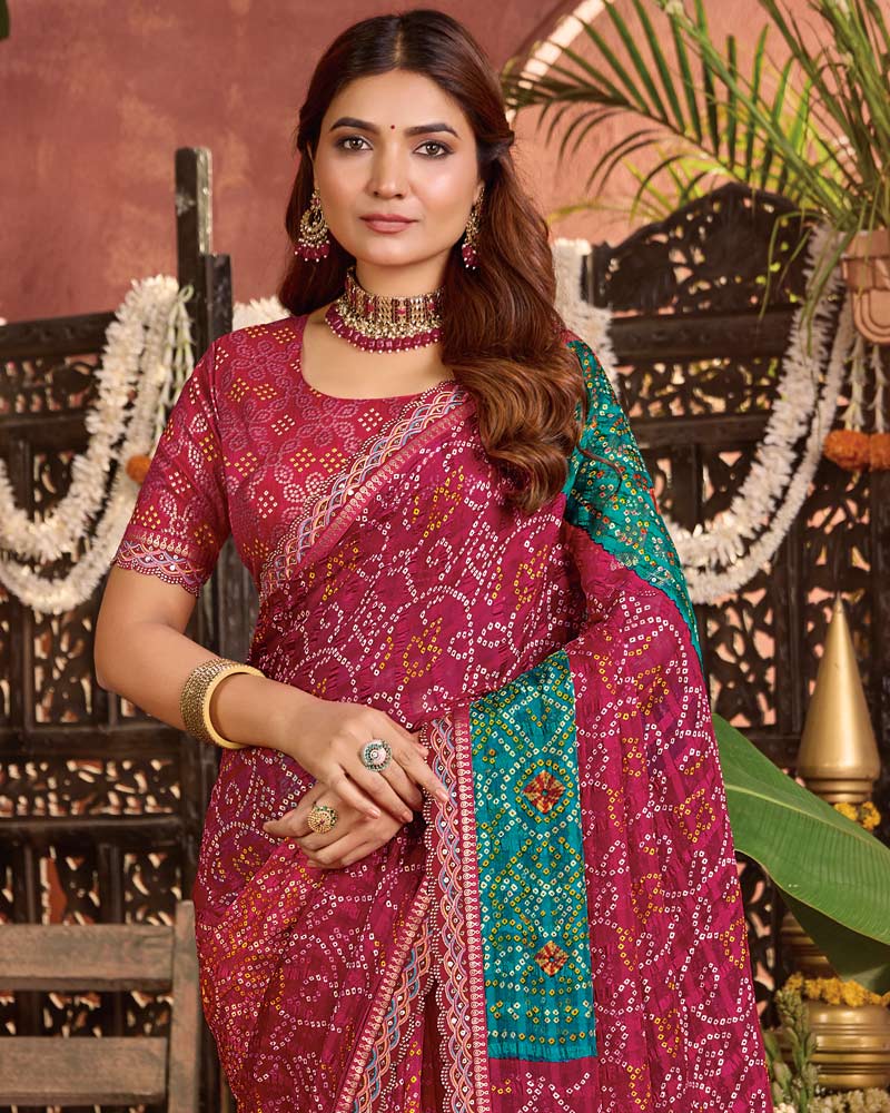 Vishal Prints Rani Pink Bandhani Print Patterned Fancy Chiffon Saree With Printed Cut Work Border