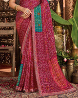 Vishal Prints Rani Pink Bandhani Print Patterned Fancy Chiffon Saree With Printed Cut Work Border