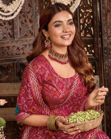 Vishal Prints Rani Pink Bandhani Print Patterned Fancy Chiffon Saree With Printed Cut Work Border