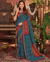 Vishal Prints Deep Teal Blue Bandhani Print Patterned Fancy Chiffon Saree With Printed Cut Work Border