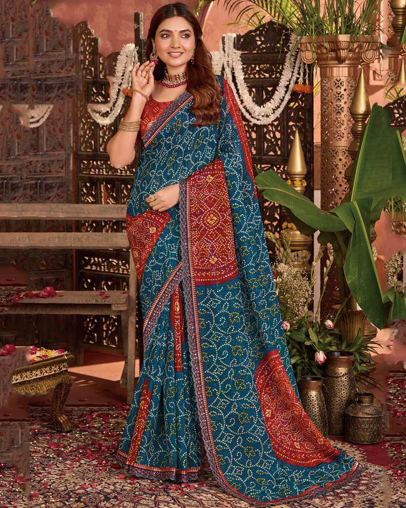 Vishal Prints Deep Teal Blue Bandhani Print Patterned Fancy Chiffon Saree With Printed Cut Work Border