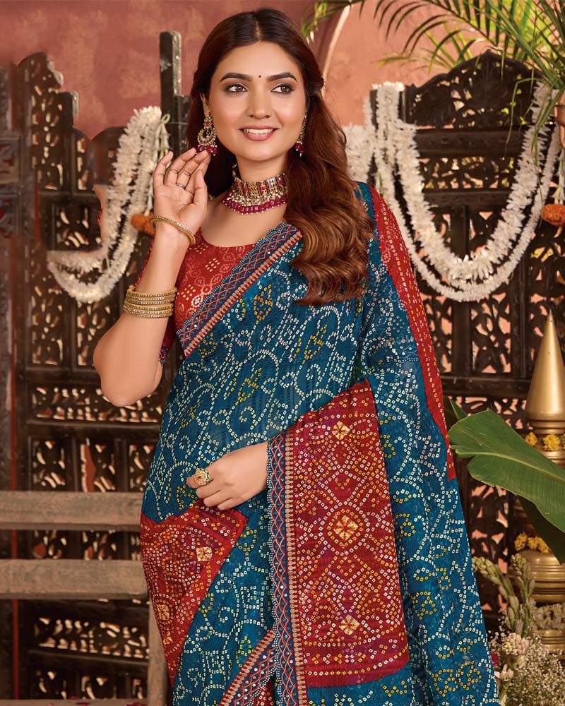 Vishal Prints Deep Teal Blue Bandhani Print Patterned Fancy Chiffon Saree With Printed Cut Work Border