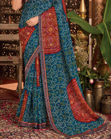 Vishal Prints Deep Teal Blue Bandhani Print Patterned Fancy Chiffon Saree With Printed Cut Work Border