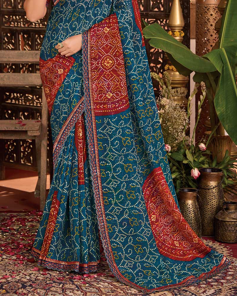 Vishal Prints Deep Teal Blue Bandhani Print Patterned Fancy Chiffon Saree With Printed Cut Work Border