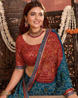 Vishal Prints Deep Teal Blue Bandhani Print Patterned Fancy Chiffon Saree With Printed Cut Work Border