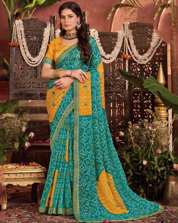 Vishal Prints Sea Green Bandhani Print Patterned Fancy Chiffon Saree With Printed Cut Work Border