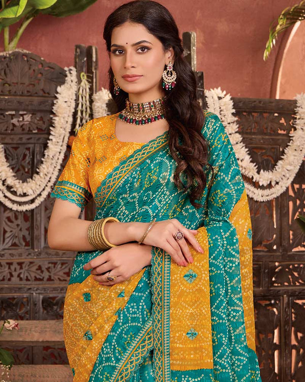 Vishal Prints Sea Green Bandhani Print Patterned Fancy Chiffon Saree With Printed Cut Work Border