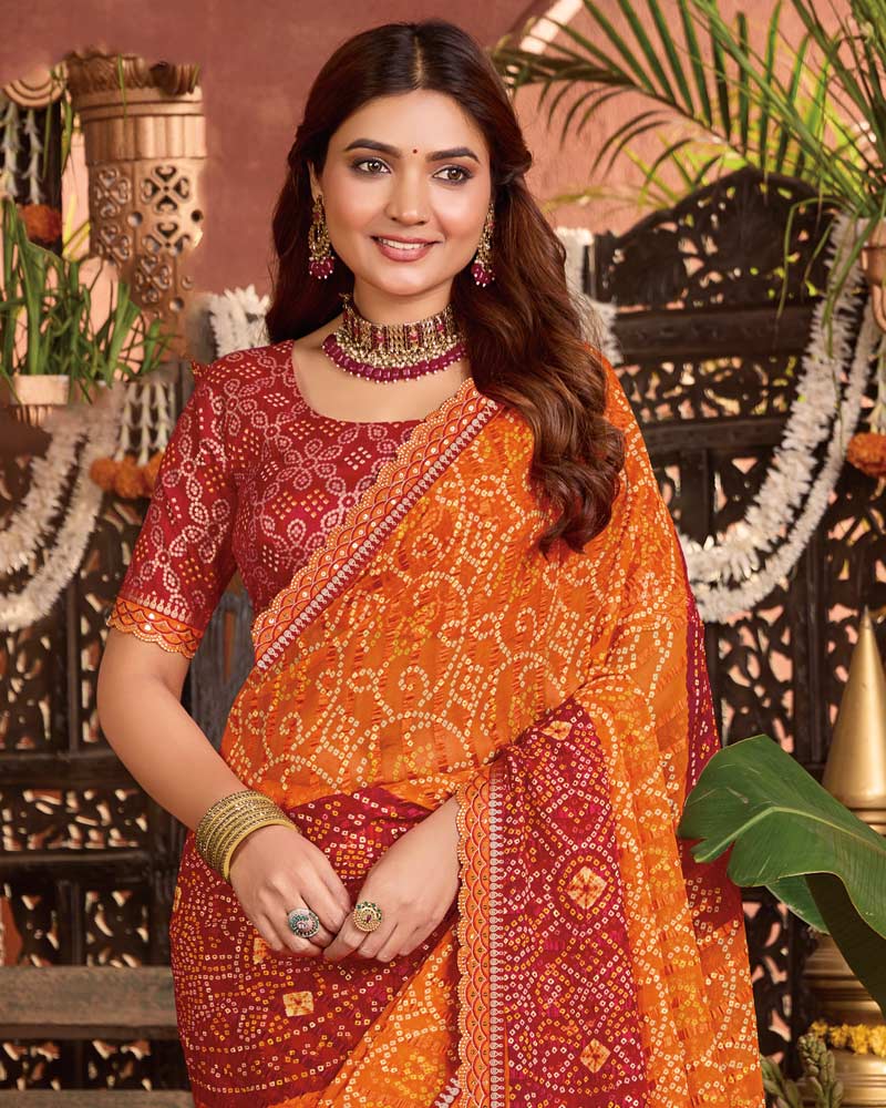 Vishal Prints Dark Orange Bandhani Print Patterned Fancy Chiffon Saree With Printed Cut Work Border