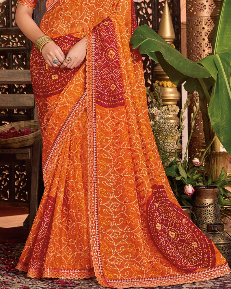 Vishal Prints Dark Orange Bandhani Print Patterned Fancy Chiffon Saree With Printed Cut Work Border