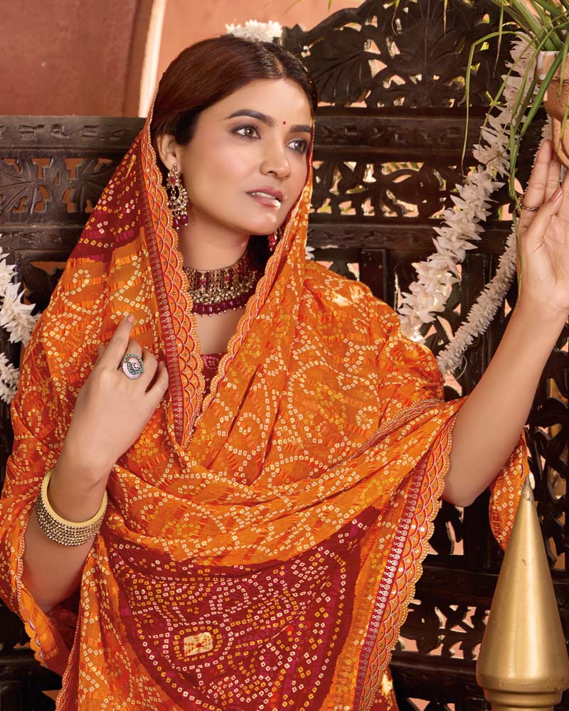 Vishal Prints Dark Orange Bandhani Print Patterned Fancy Chiffon Saree With Printed Cut Work Border