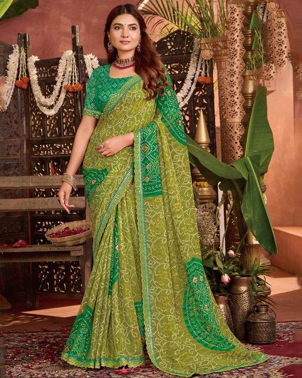 Vishal Prints Parrot Green Bandhani Print Patterned Fancy Chiffon Saree With Printed Cut Work Border