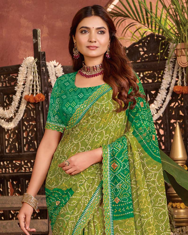 Vishal Prints Parrot Green Bandhani Print Patterned Fancy Chiffon Saree With Printed Cut Work Border