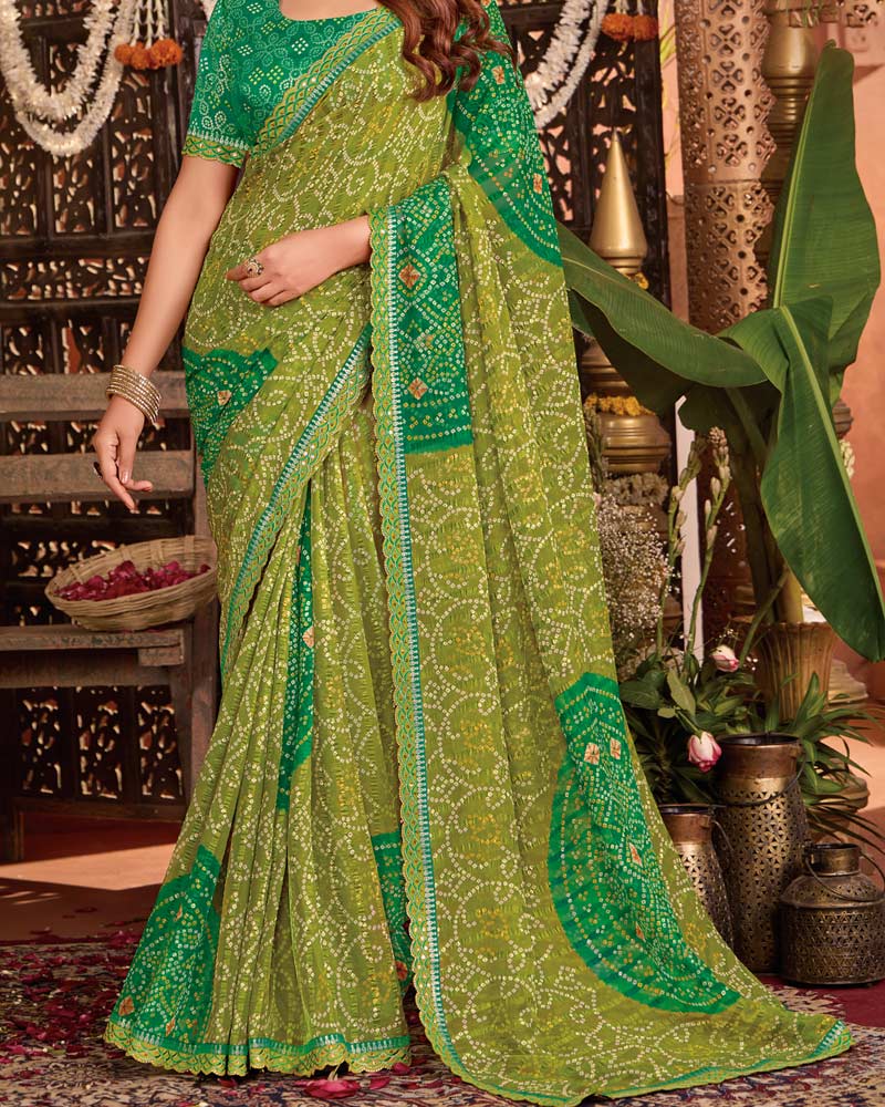 Vishal Prints Parrot Green Bandhani Print Patterned Fancy Chiffon Saree With Printed Cut Work Border