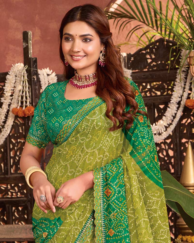 Vishal Prints Parrot Green Bandhani Print Patterned Fancy Chiffon Saree With Printed Cut Work Border