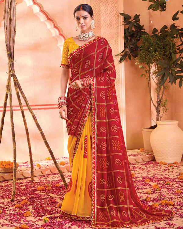 Vishal Prints Cherry Red Bandhani Print Chiffon Saree With Foil Print And Fancy Border
