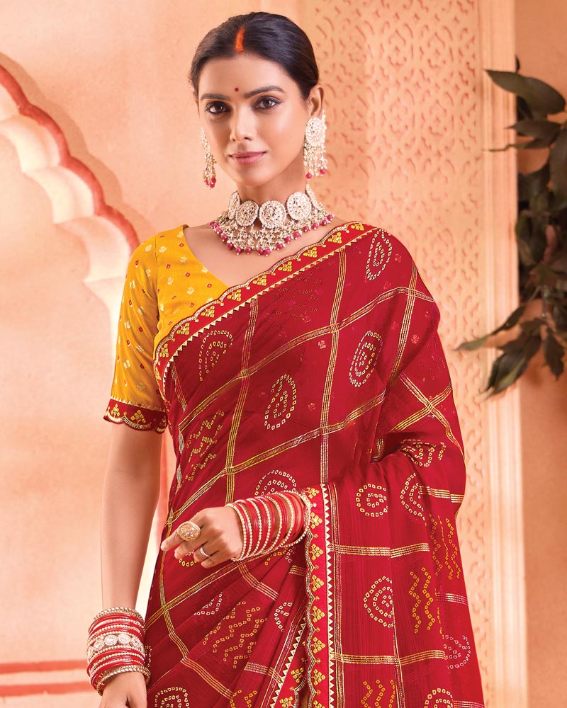 Vishal Prints Cherry Red Bandhani Print Chiffon Saree With Foil Print And Fancy Border