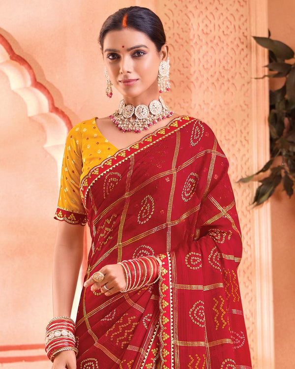 Vishal Prints Cherry Red Bandhani Print Chiffon Saree With Foil Print And Fancy Border