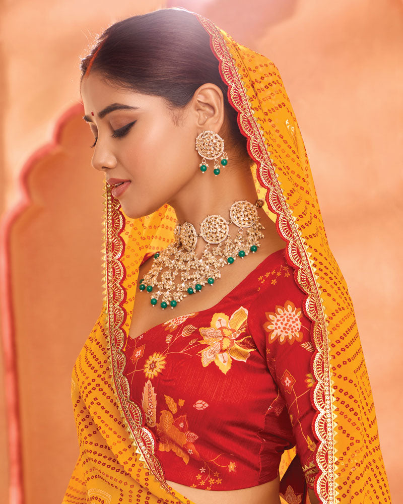 Vishal Prints Golden Yellow Bandhani Print Georgette Saree With Foil Print And Fancy Border