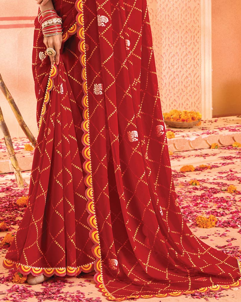 Vishal Prints Dark Red Bandhani Print Georgette Saree With Foil Print And Fancy Border
