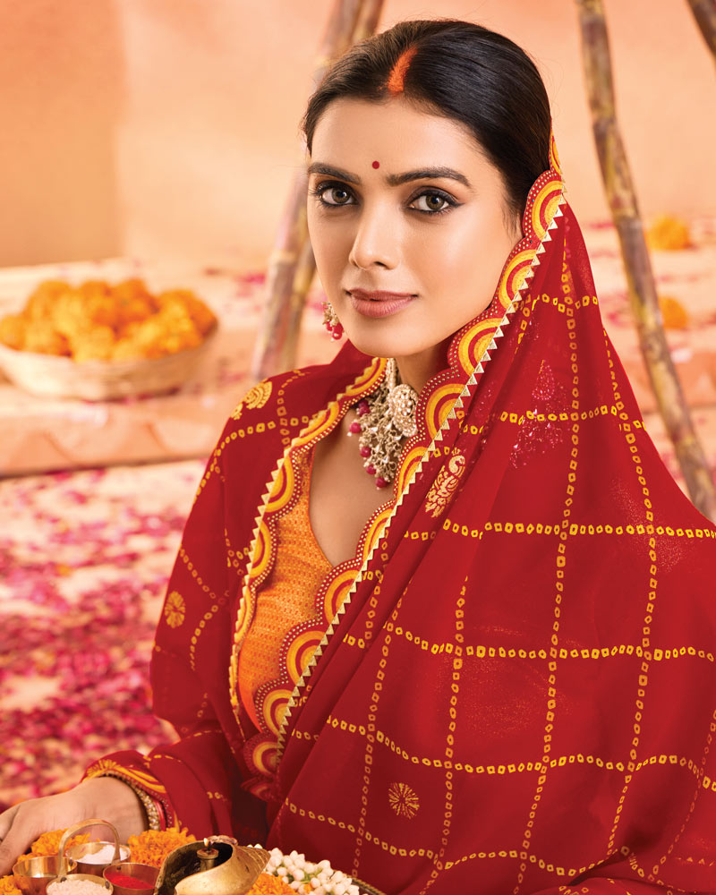 Vishal Prints Dark Red Bandhani Print Georgette Saree With Foil Print And Fancy Border