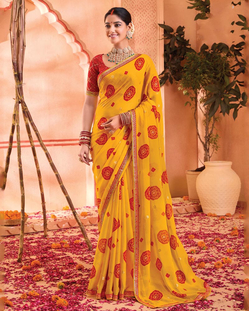 Vishal Prints Golden Yellow Bandhani Print Georgette Saree With Foil Print And Fancy Border