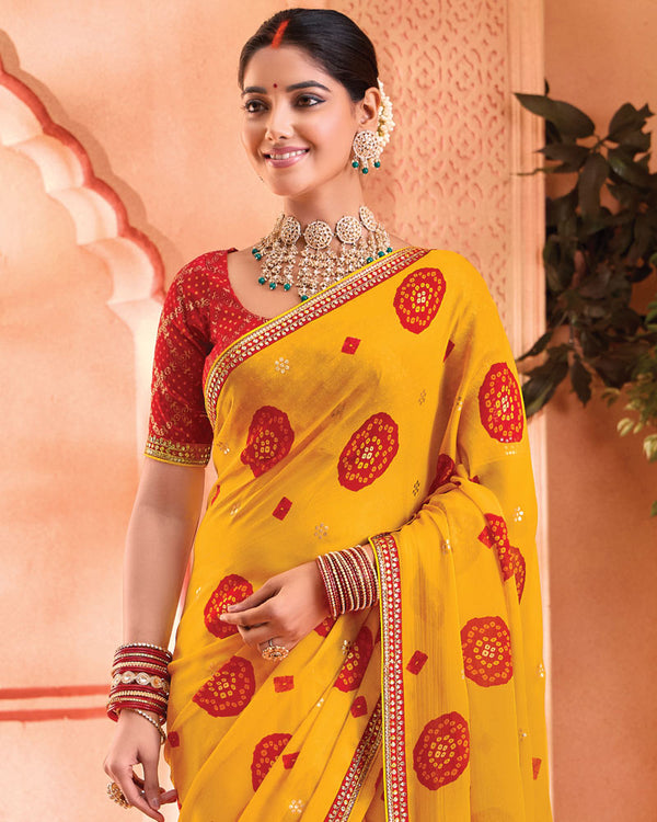 Vishal Prints Golden Yellow Bandhani Print Georgette Saree With Foil Print And Fancy Border