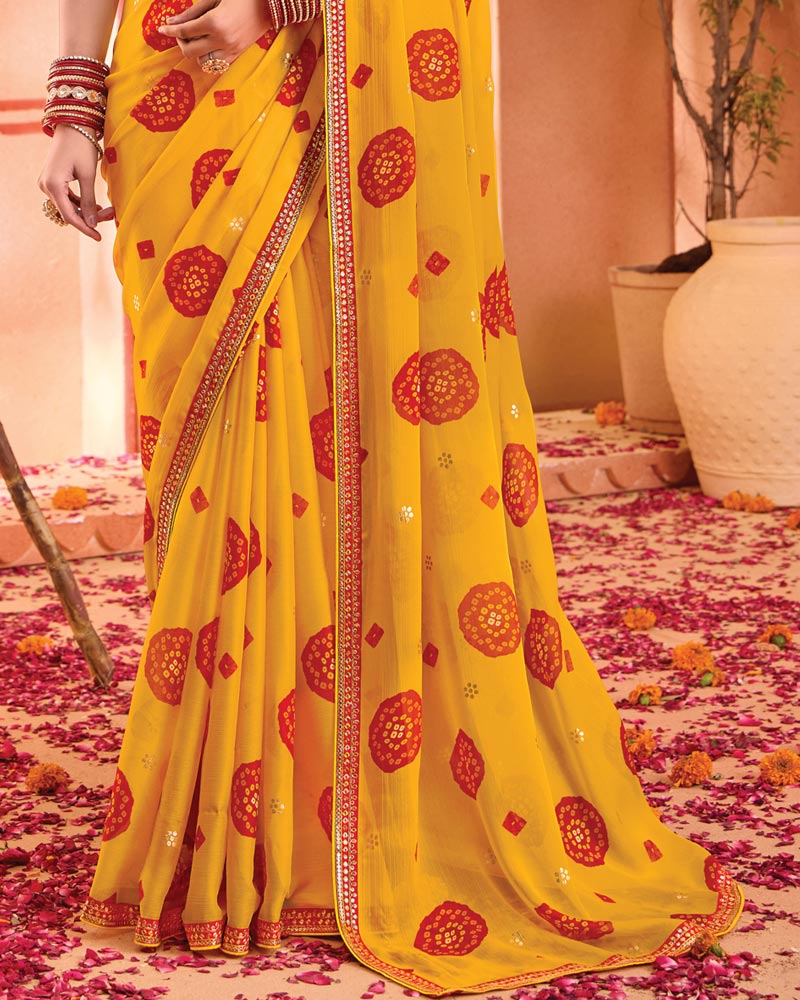 Vishal Prints Golden Yellow Bandhani Print Georgette Saree With Foil Print And Fancy Border