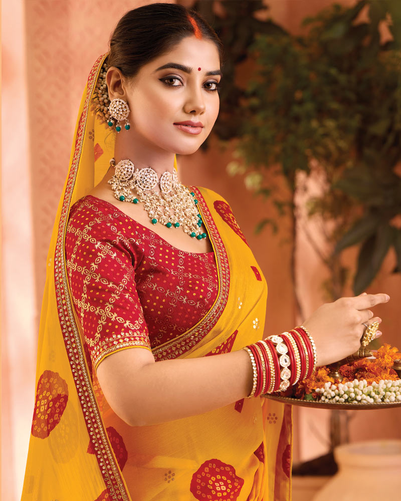 Vishal Prints Golden Yellow Bandhani Print Georgette Saree With Foil Print And Fancy Border