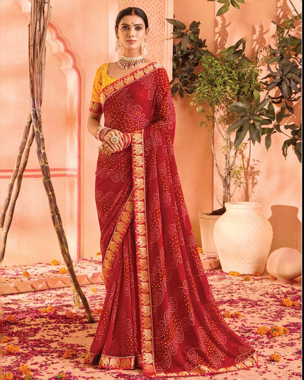 Vishal Prints Dark Red Bandhani Print Georgette Saree With Foil Print And Fancy Border