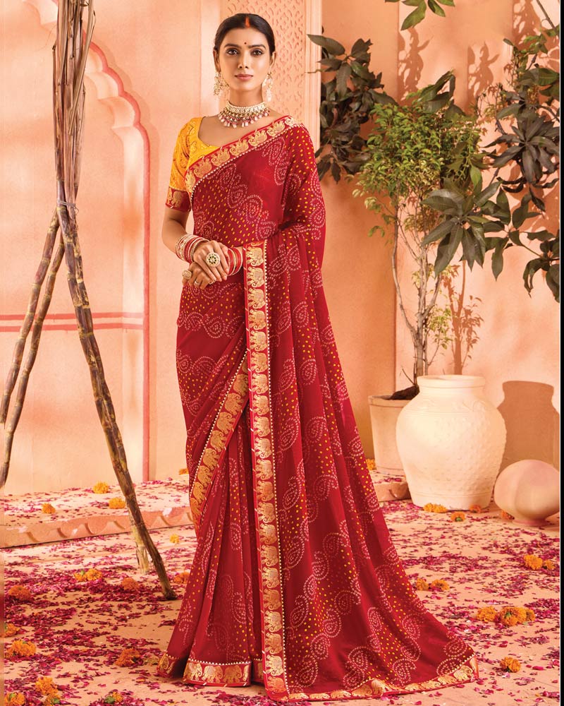 Vishal Prints Dark Red Bandhani Print Georgette Saree With Foil Print And Fancy Border