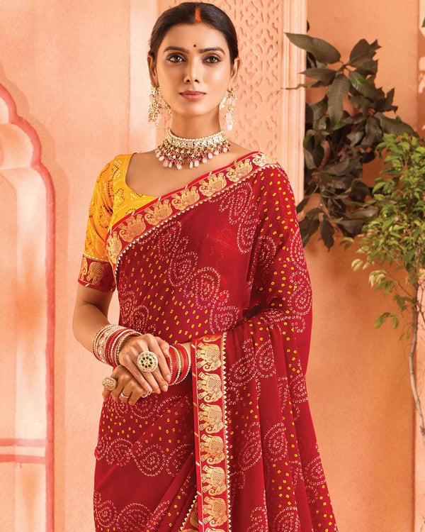 Vishal Prints Dark Red Bandhani Print Georgette Saree With Foil Print And Fancy Border