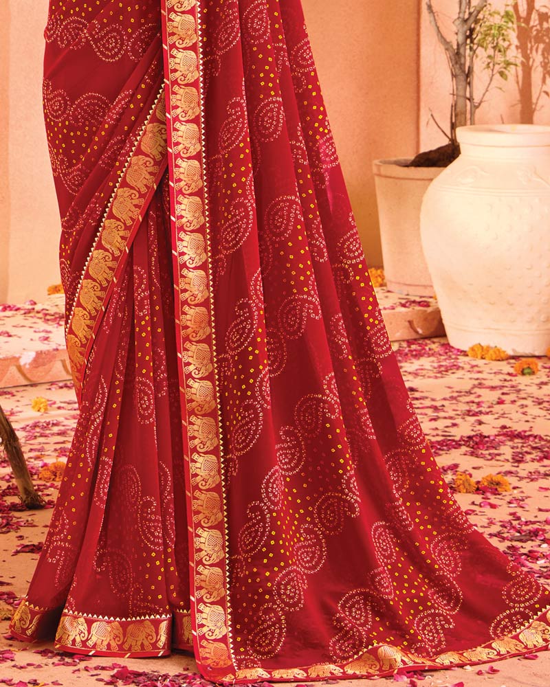 Vishal Prints Dark Red Bandhani Print Georgette Saree With Foil Print And Fancy Border